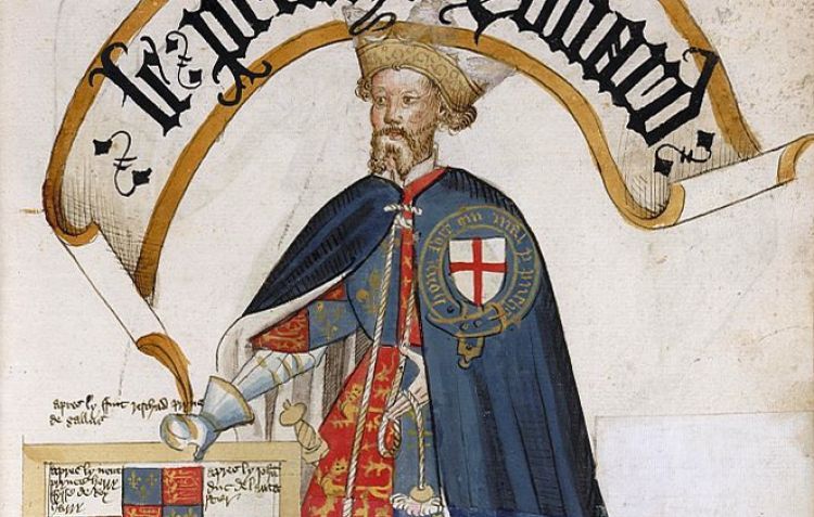 Manuscript illustration depicting "le prince Edward" the black prince wearing a quartered surcoat over armour and a blue cloak with the order of the garter