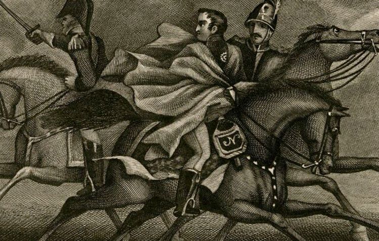 Napoleon is forced to flee the field of Waterloo, guided by an aide