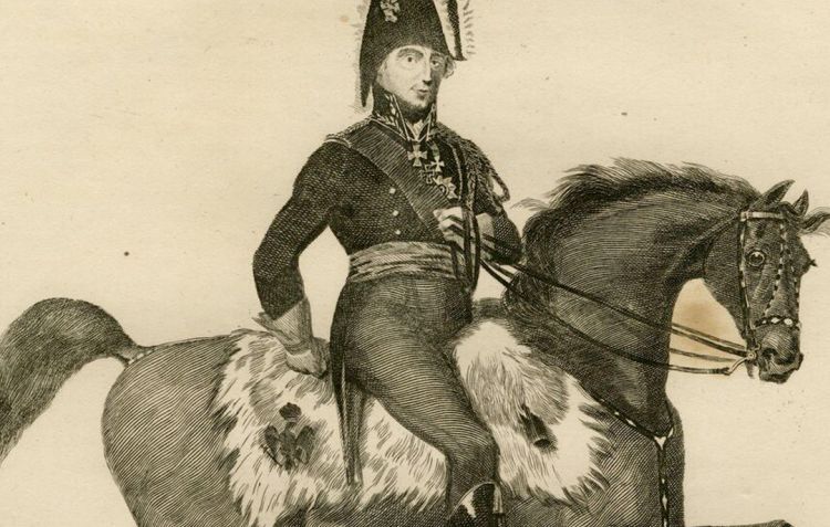 An engraving of Prussian General Bulow on a horse
