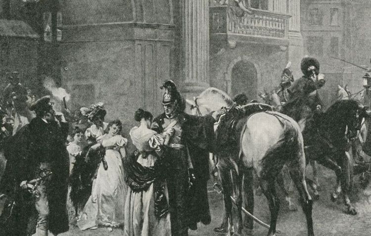 An engraving of British and Allied soldiers leaving the Duchess of Richmond's ball on the eve of the Battle of Quatre-Bras