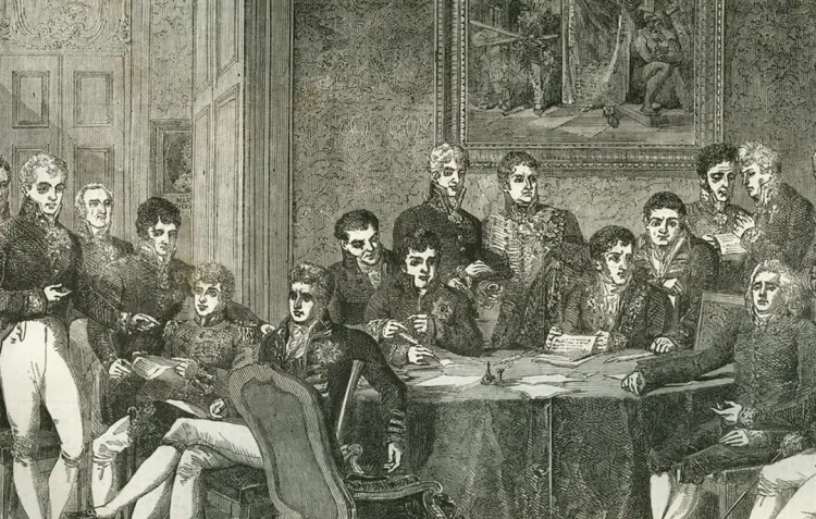 An engraving of the Congress of Vienna, with various figures in early 19th century clothes