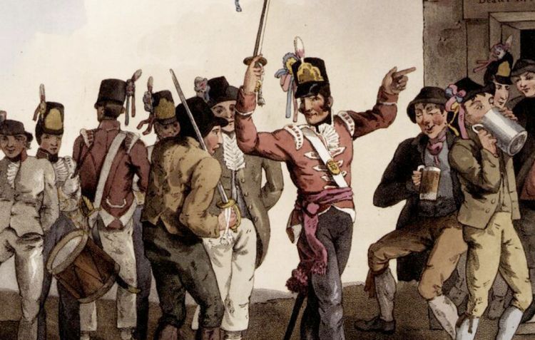 An engraving of a Napoleonic British soldier recruiting, with ribbons in his cap and sword