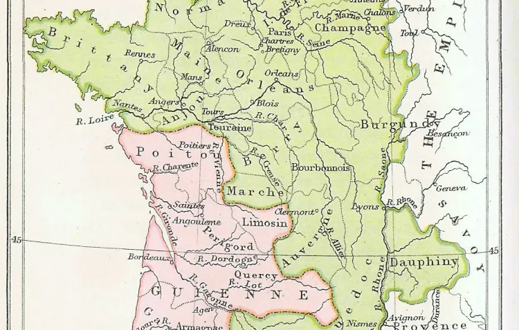 Map of France showing areas controlled by French and English in 1360