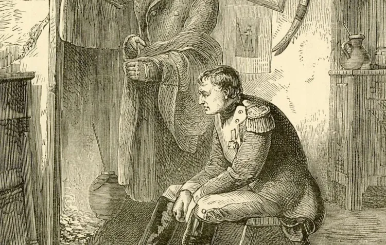 Napoleon looks despondently into the fire in the aftermath of the Battle of Waterloo