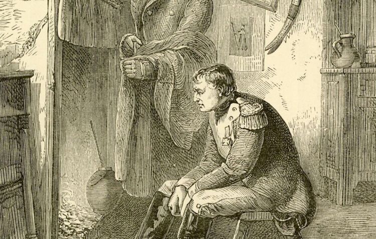 Napoleon looks despondently into the fire in the aftermath of the Battle of Waterloo