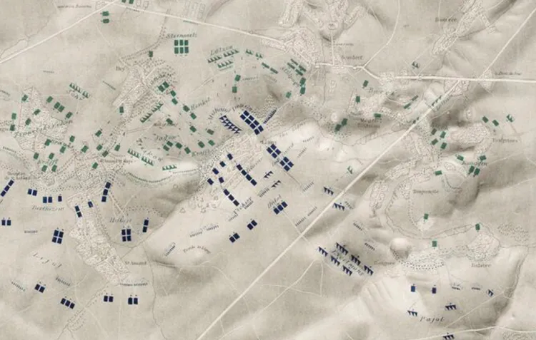 A battle map of the Battle of Ligny, showing the point where French forces broke Prussian lines