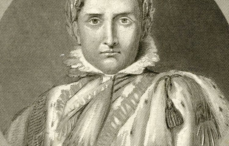 An engraving of Napoleon Bonaparte, dressed in his Imperial clothes