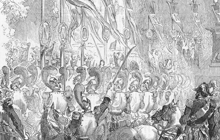 An etching of a parade of French cavalrymen in front of a statue of Napoleon Bonaparte