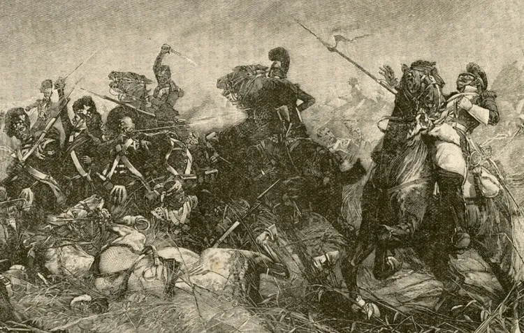An engraving taken of a painting portraying the Black Watch at the Battle of Quatre Bras