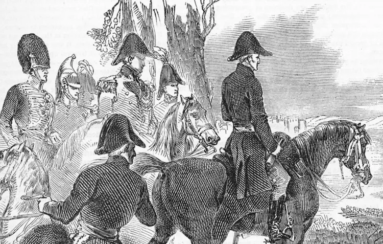 An engraving of the Duke of Wellington at the passage of the Douro in Portugal.