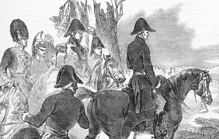An engraving of the Duke of Wellington at the passage of the Douro in Portugal.