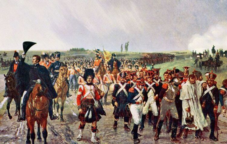 A painting of Wellington's march from Quatre-Bras to Waterloo, with tired red jacketed soldiers and injured French soldiers in Blue jackets.