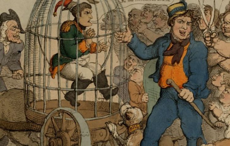 A British cartoon from 1815 mocking the defeat of Napoleon by depicting him in a cage, performing for a baying crowd