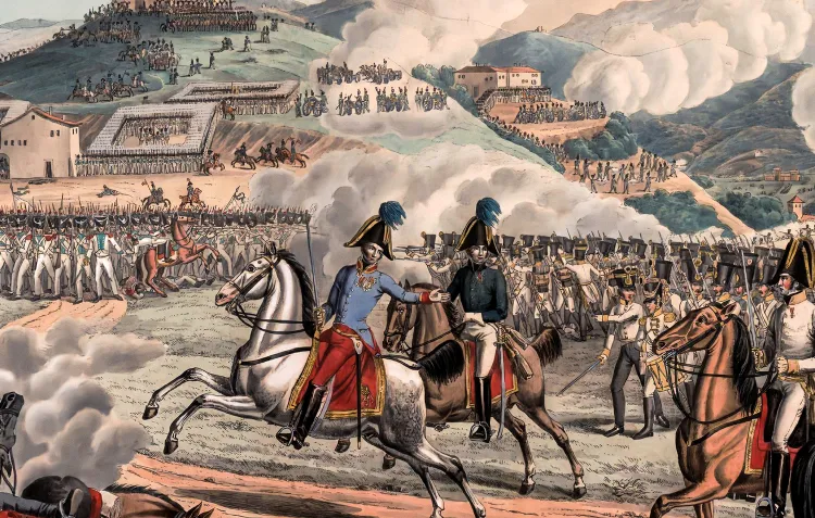 Colour tint engraving of a detail of Battle of Tolentino 1815 featuring cavalry and troop suares and a city on fire