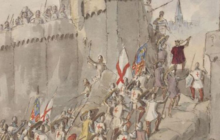 A 19th century depiction of the Siege of Harfleur as King Henry V leads English soldiers through a breach in the city wall