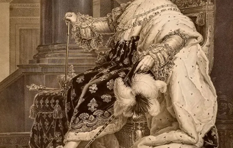 An engraving of King Louis XVIII from 1819, depicting a larger man in royal robes sat on a throne