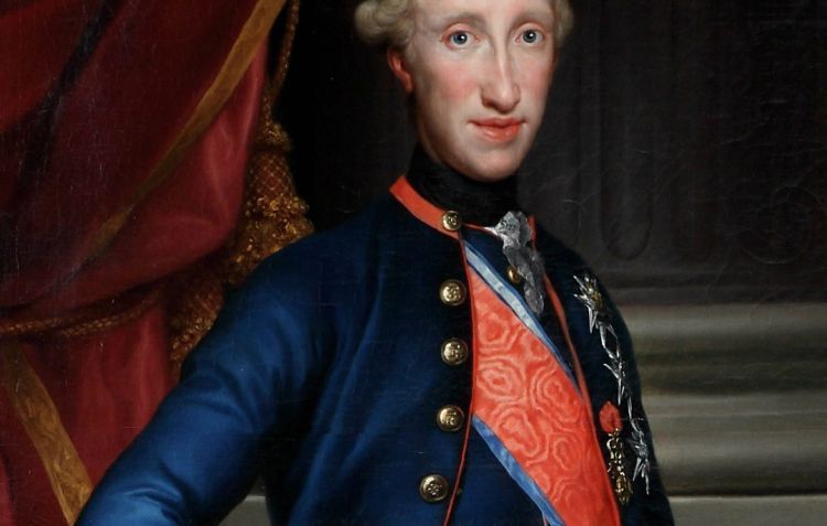 A portrait of Ferdinand I of the Two Sicilies dressed in powdered wig, dark blue overcoat and red sash