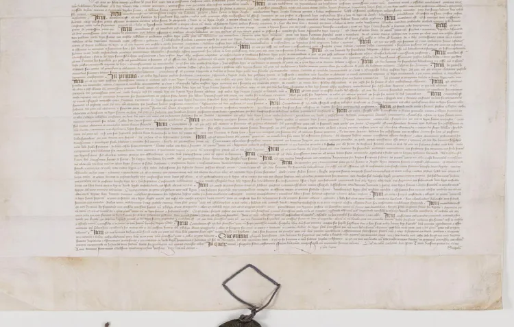 A 15th century document outlining the Treaty of Troyes with a blackened wax seal at the bottom