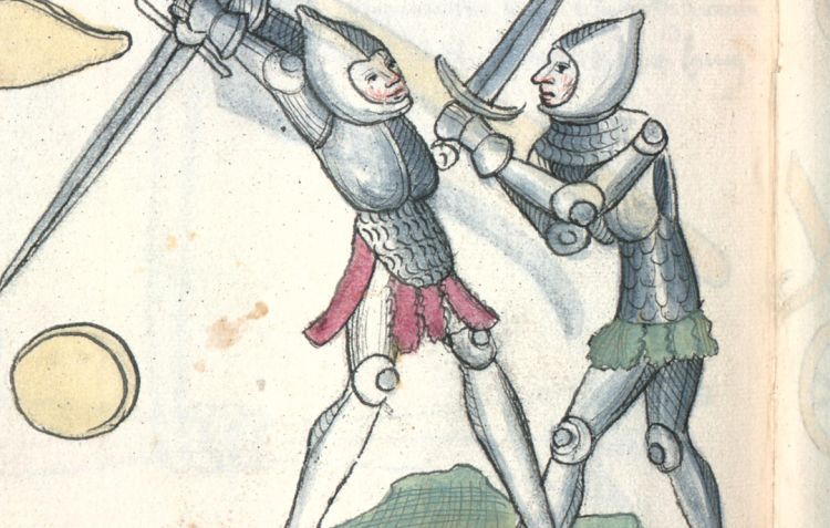 A medieval illustration of two armoured soldiers duelling