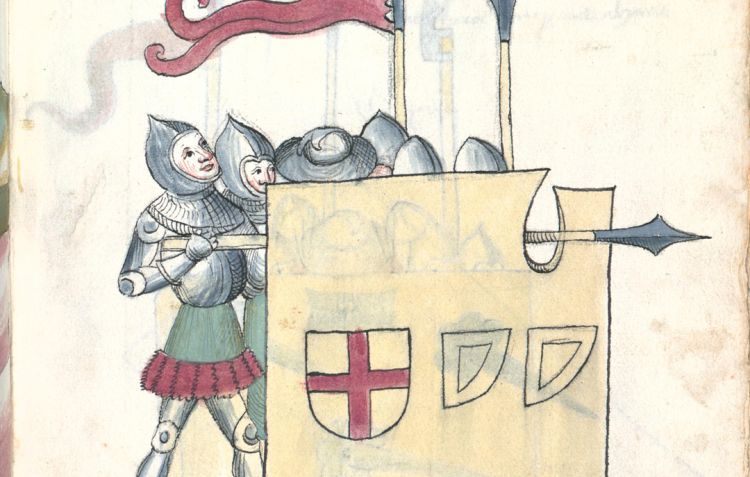 A medieval illustration of a battle scene, with one side taking cover behind a wall