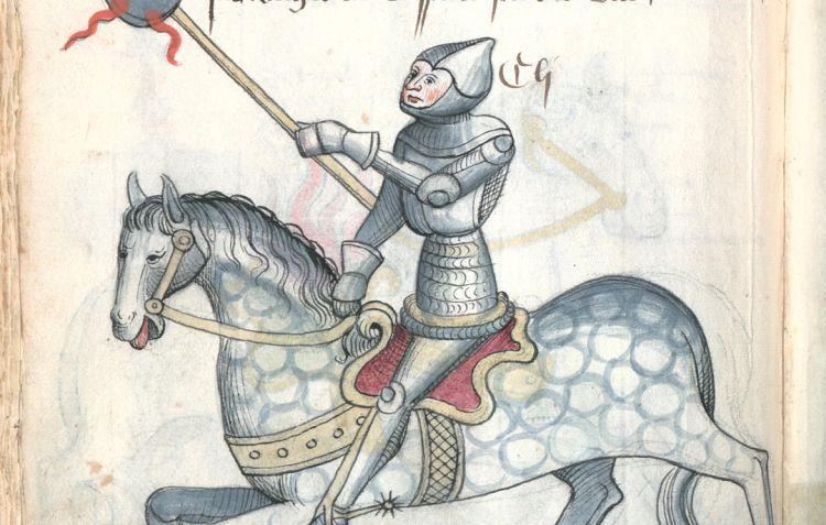 A medieval illustration of an armoured soldier on top of a horse, carrying a mace