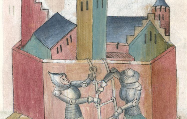 A medieval illustration of a siege, complete with two soldiers arranging a ladder to scale the town walls