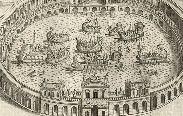 A 17th century etching of a Roman Naumachia, or sea battle, staged in an arena.