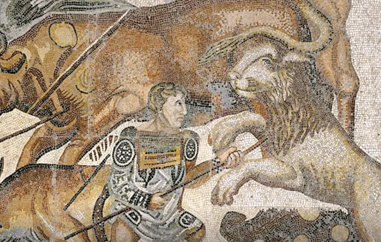 A mosaic of a hunter battling a lion