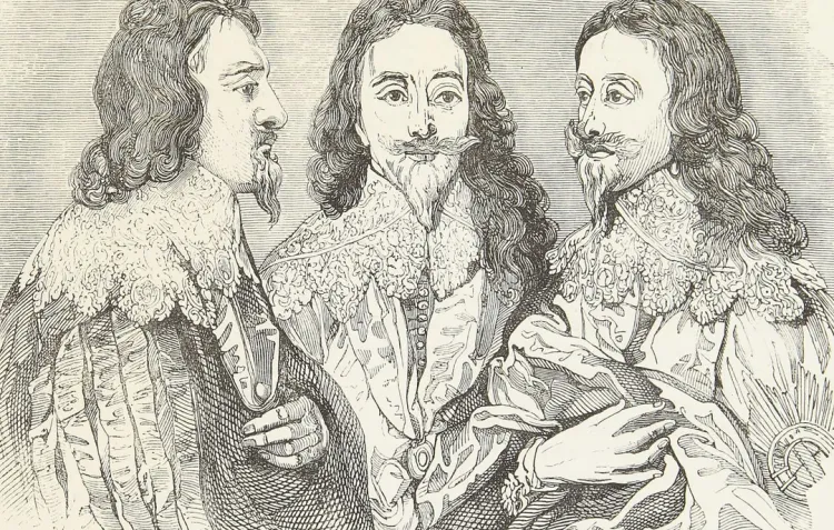 An illustration of an engraving featuring two male figures in profile and one facing the viewer
