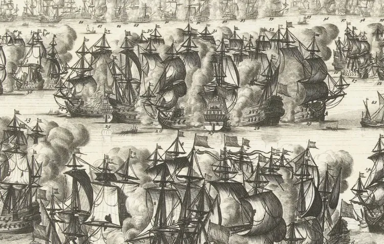 A sepia tone engraving of a naval battle with wooden ships engaging each other with cannon