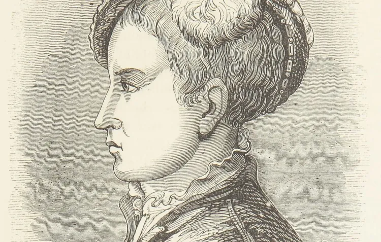 A sepia tone etching of a young boy in a wide brimmed hat with a large feather drooped over one side