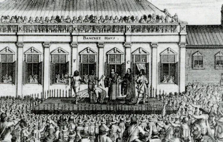 An engraving of an execution outside a large manor house surrounded by a large crowd
