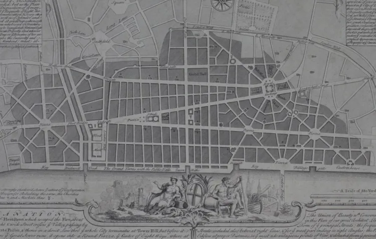 A black and white engraving of a street map with descriptive text on the lower third