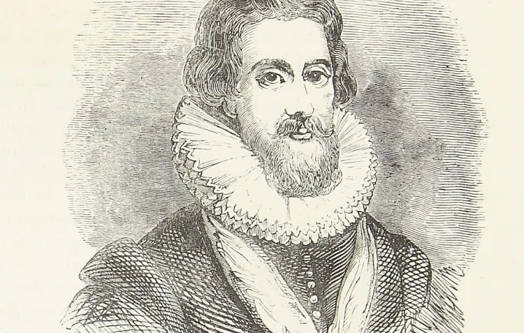 A sepia tone engraving of a bearded man in a ruff with high mid-length hair.