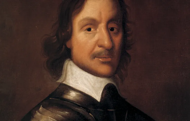 A darkened portrait of a moustached man in armour