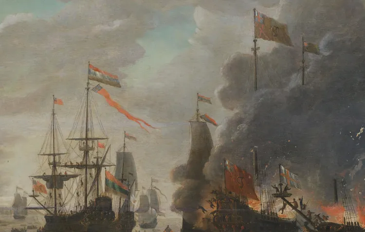 A colour painting of wooden masted ships being burned on a river, with men carrying muskets landing on the riverbank