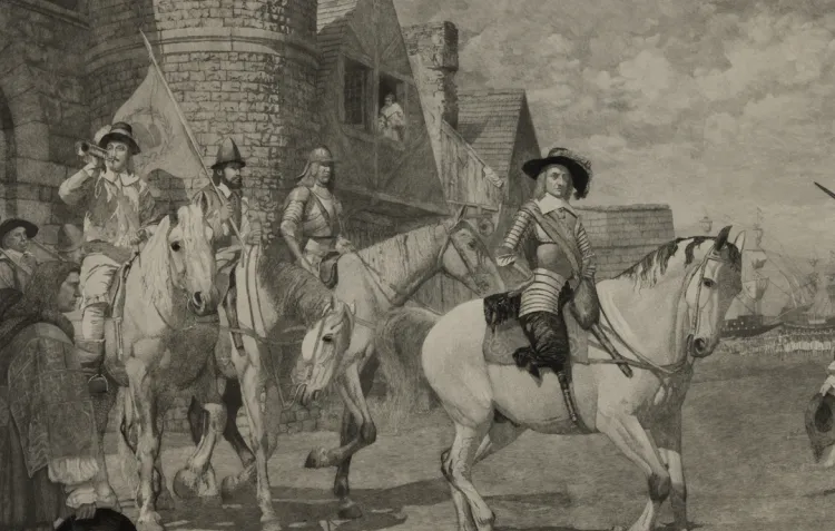 A sepia tone illustration showing men in half armour on horseback riding through a walled city gate.