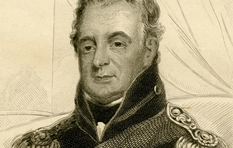A sepia tone portrait of an elderly man in a high necked early 19th century naval uniform 