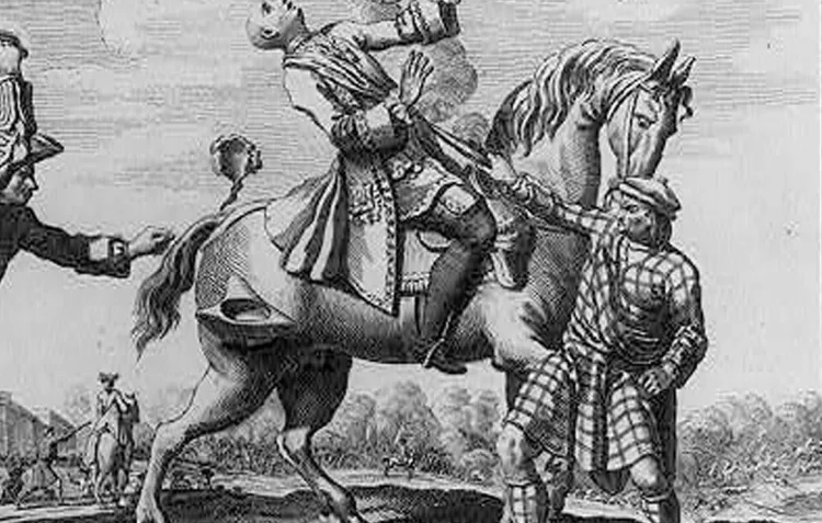 A black and white engraving of a British officer on horseback being shot at point blank range by a Scottish soldier in tartan