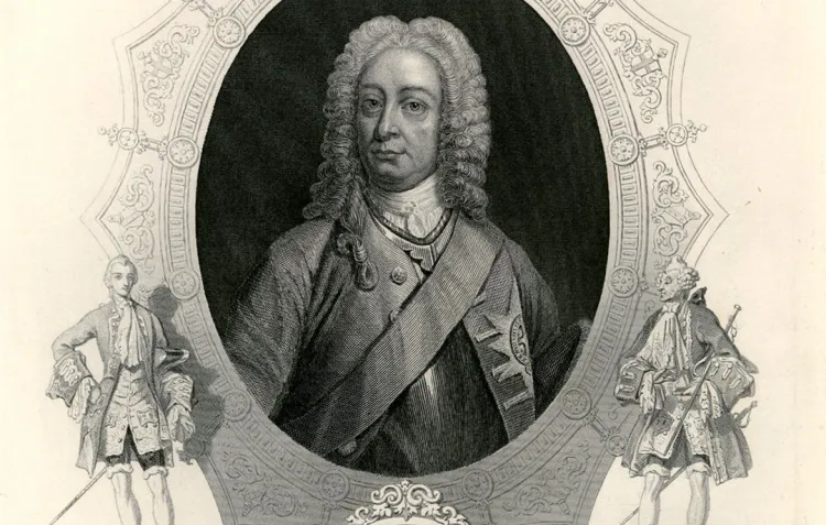 A sepia tone engraving of a man in a light coloured long, curled wig, frock coat, and sash in an oval cartouche, flanked by two gentlemen in frock coats and tights.  