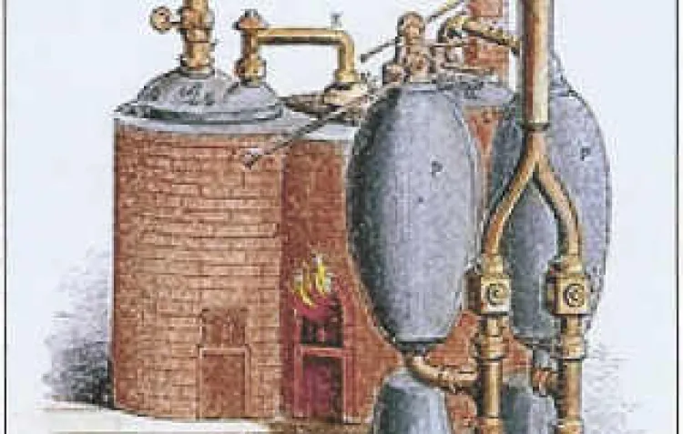 A colour portrait of a steam engine, featuring two brick kilns and two metal kettles connected with pipes