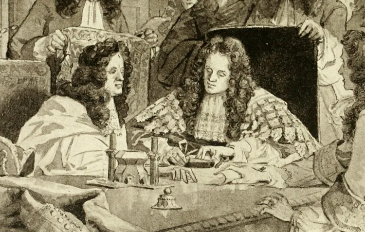 A sepia etching of a collection of men in long curled wigs and robes signing a document