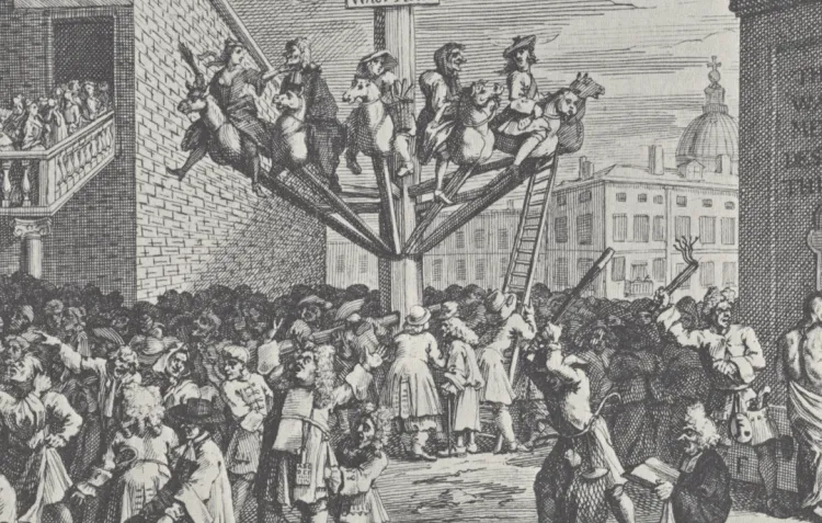 A black and white etching of a crowd punishing people, either through tying to a wheel or atop a gibbet