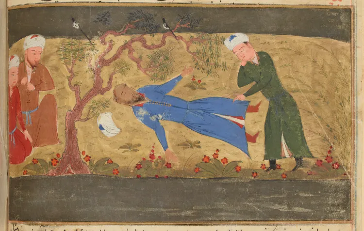 A colour illustration of the death of the Khwarezmian Shah Ala al-Din Muhammad 