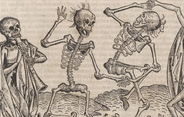 A black and white illustration of skeletons dancing to represent the Black Death