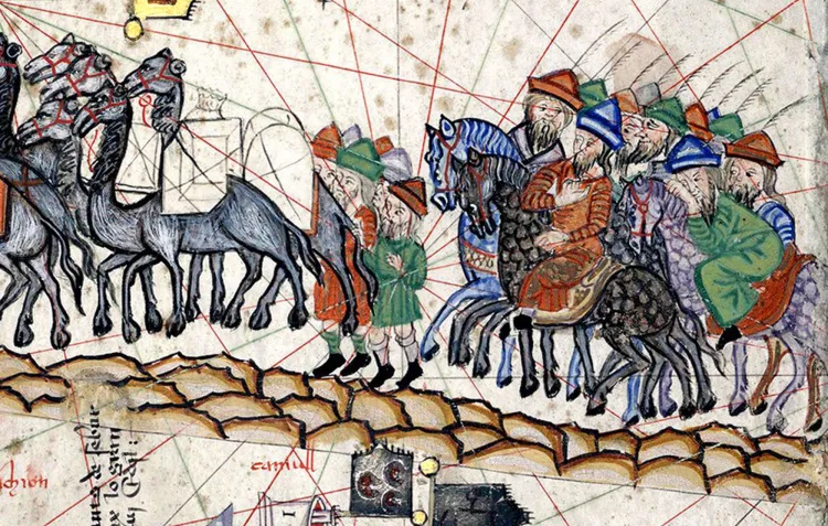 Ink-and-colour scene of armoured riders in combat, bows drawn, a fallen figure beneath horses amid scattered shafts