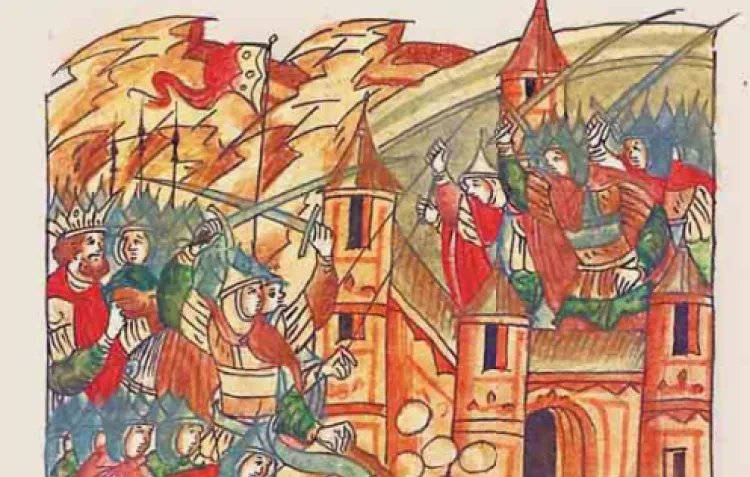 A colourful medieval illustration of a siege of a walled city by the Mongols