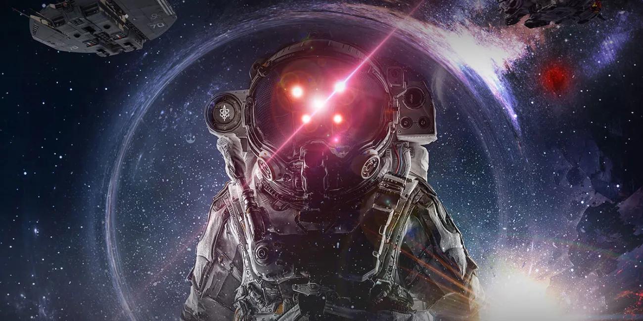 Astronaut in spacesuit with bright lights reflecting off his helmet with stars and spaceship in the background
