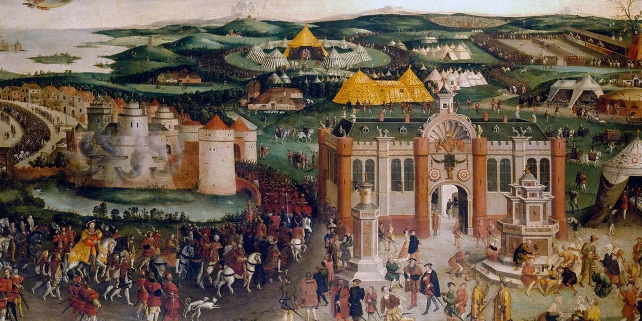 A painting showing the a procession of nobles with palaces and gold tents  in the fields behind