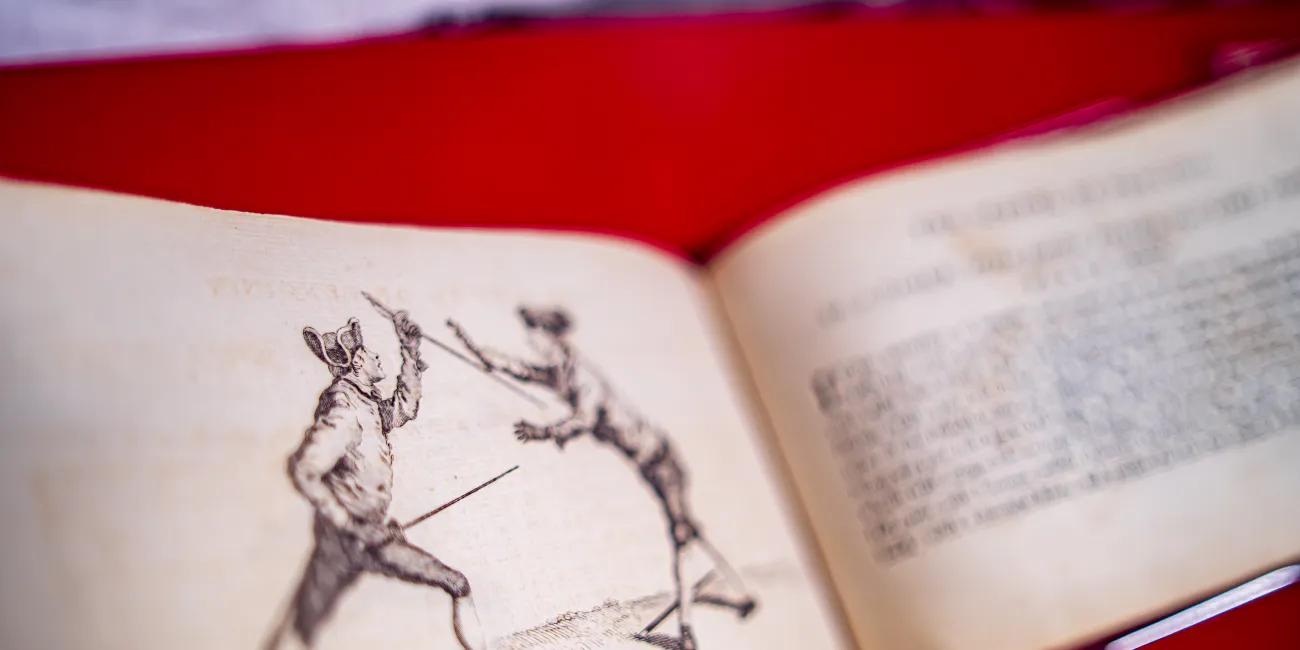 a training manual lies open on a red bolster revealing a drawing of two men fighting with swords